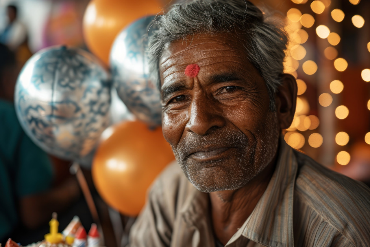 Indian man on his birthday with balloons, active seniors lifestyle images