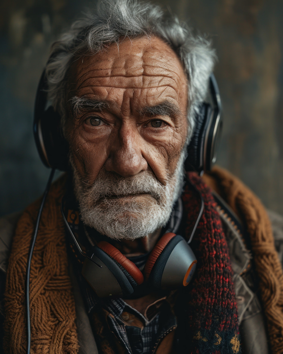 Grandpa enjoying music with headphone, diverse active seniors pictures
