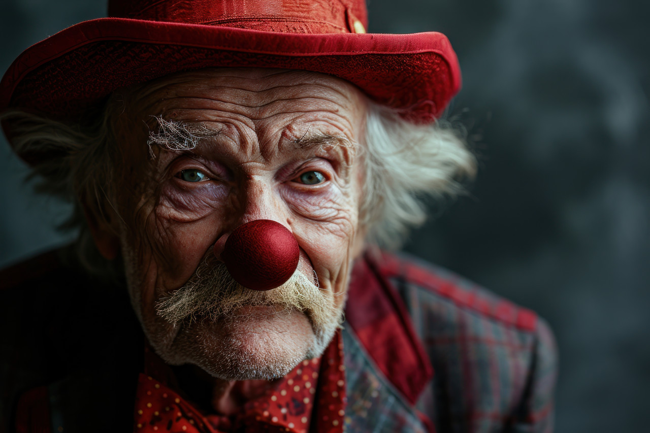 Cheerful grandpa in clown attire with a red nose, active seniors lifestyle images