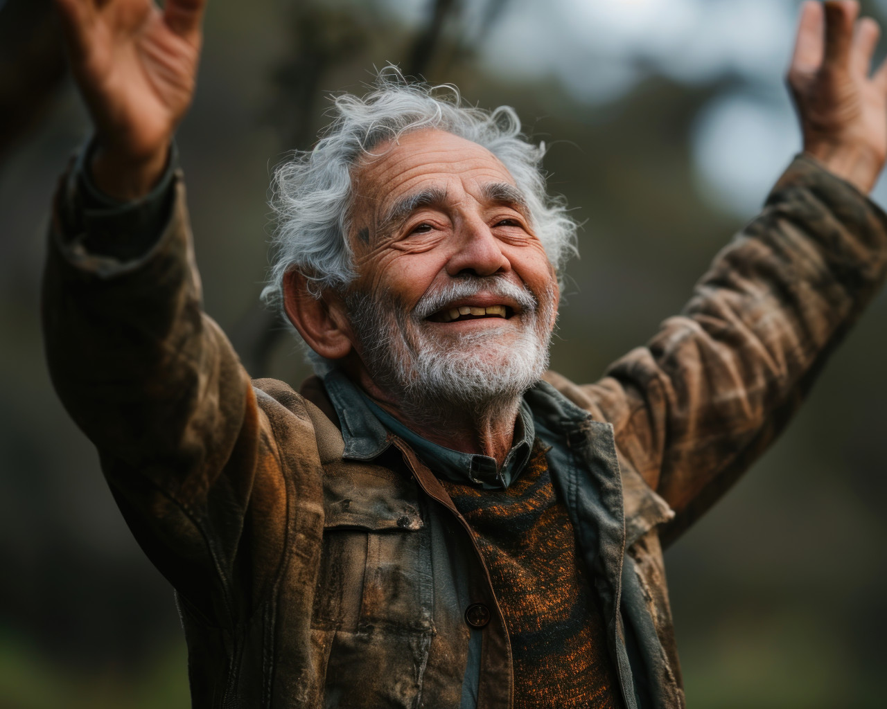 An elderly man joyfully raises his arms in the air, active seniors lifestyle images