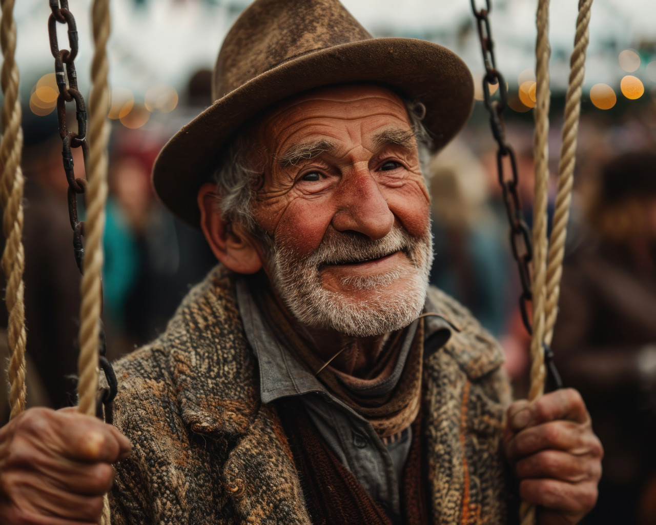 Smiling grandpa enjoying a swing, diverse active seniors pictures
