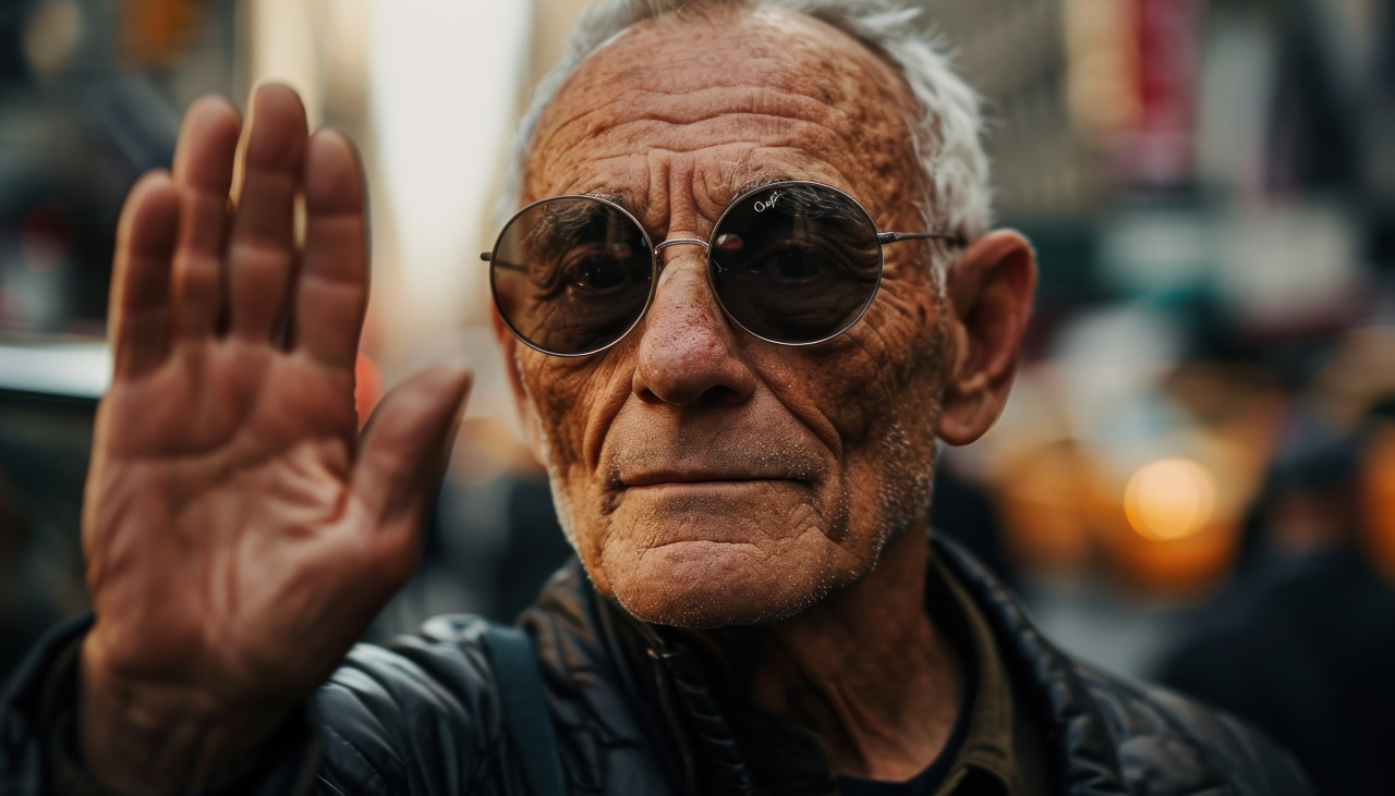 Friendly grandpa in sunglasses with hand up, images of senior citizens