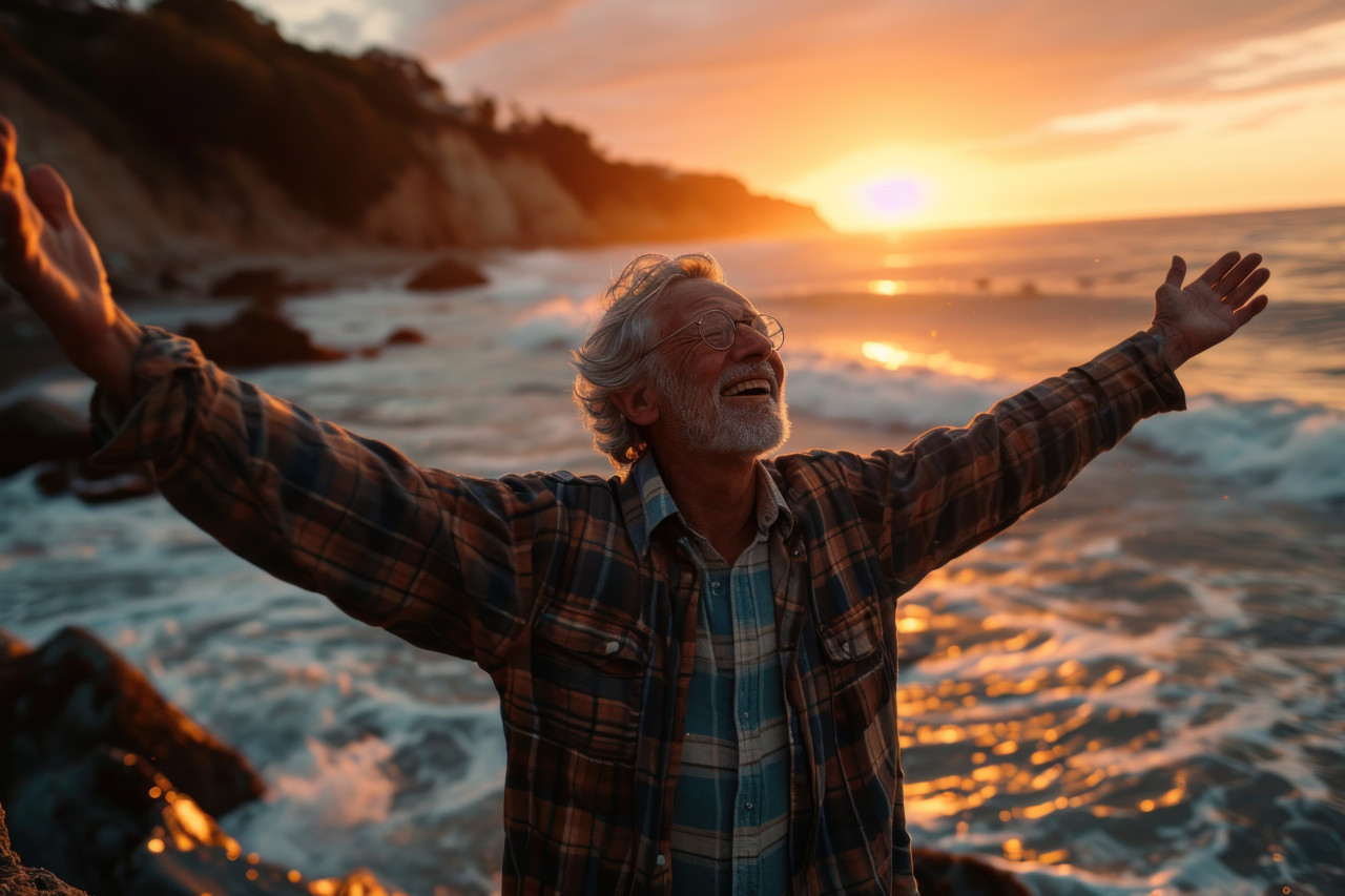 Senior man raises arms smiling brightly at beach sunset, images of senior citizens