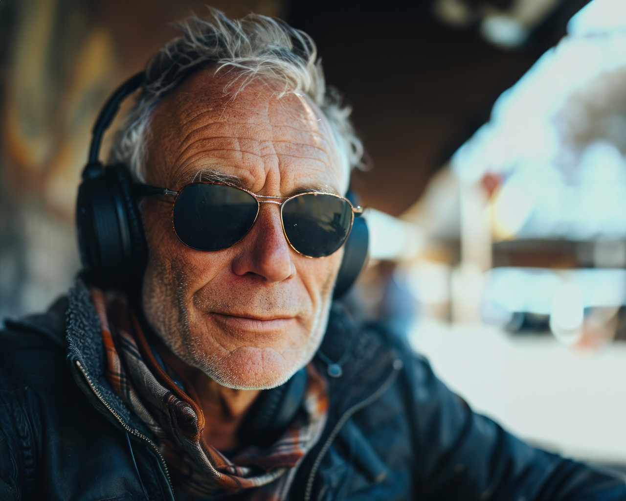 Elderly man enjoying tunes with sunglasses and headphones, active seniors lifestyle images