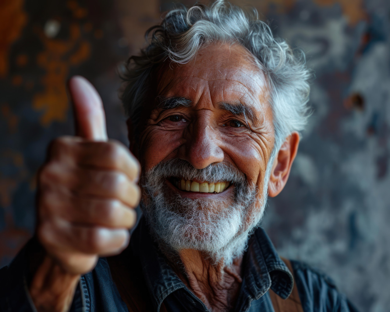 An elderly man joyfully showing a thumbs up with a big smile, diverse active seniors pictures