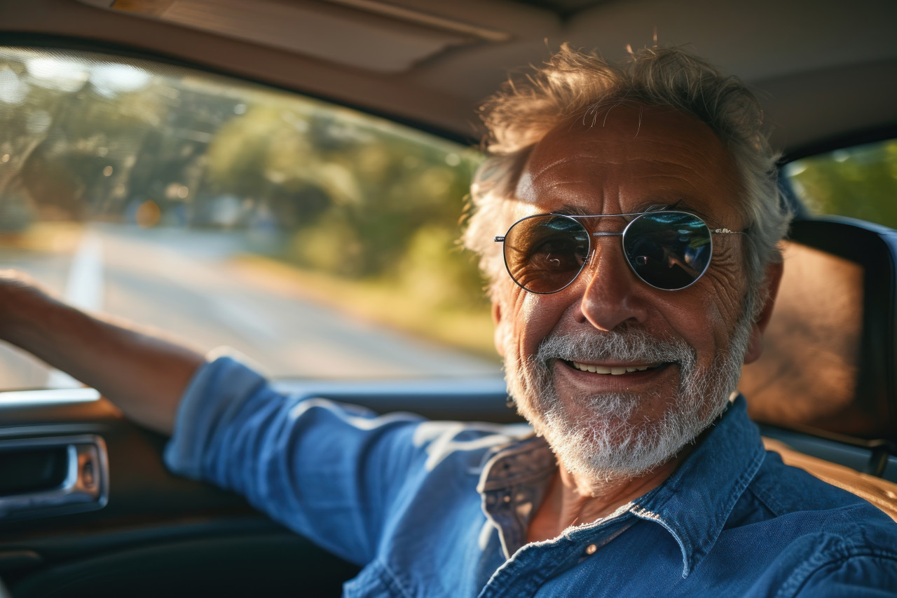 A smiling grandpa in a blue shirt and sunglasses drives his car, happy active seniors images