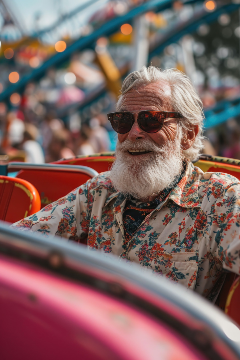Smiling old man feeling excited on a rollercoaster in the amusement park, diverse active seniors pictures