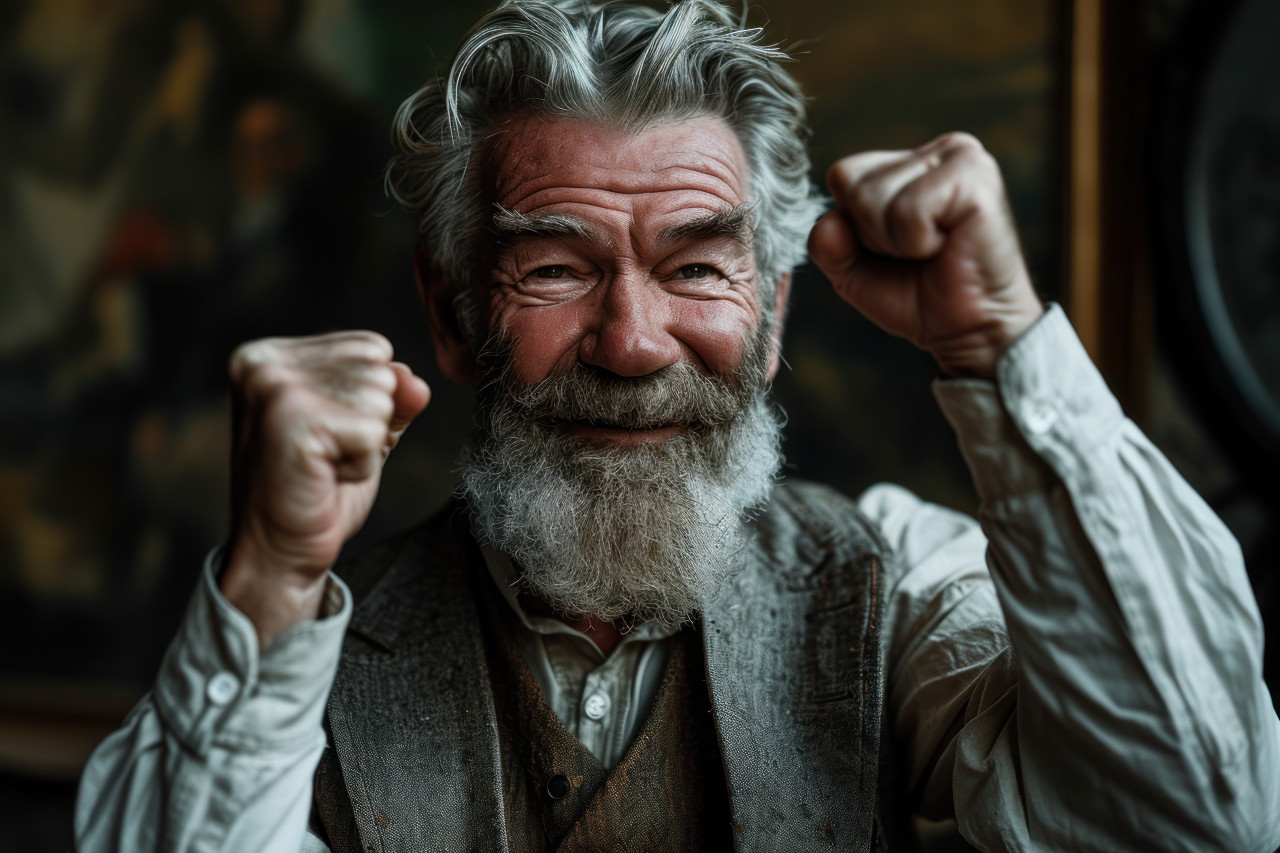 Happy older man with a beard cheers with excitement and raised fists, active seniors lifestyle images