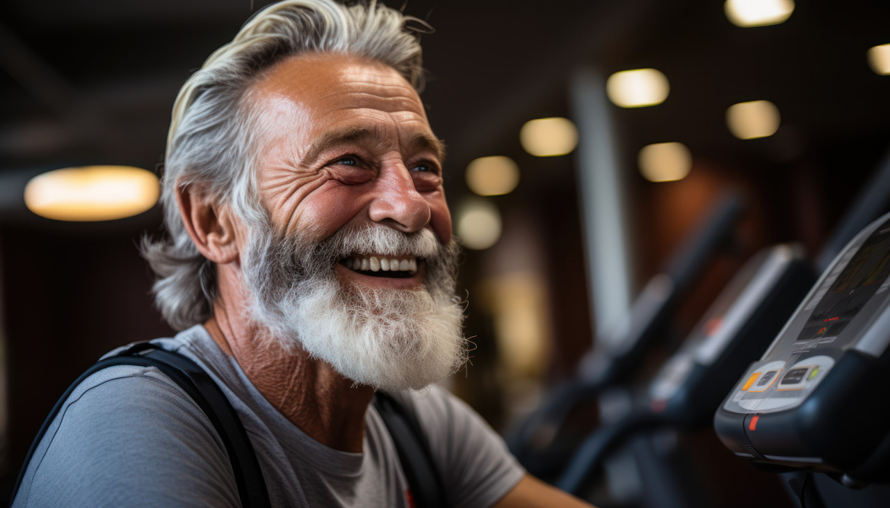 Senior man engaged on gym treadmill, happy active seniors images