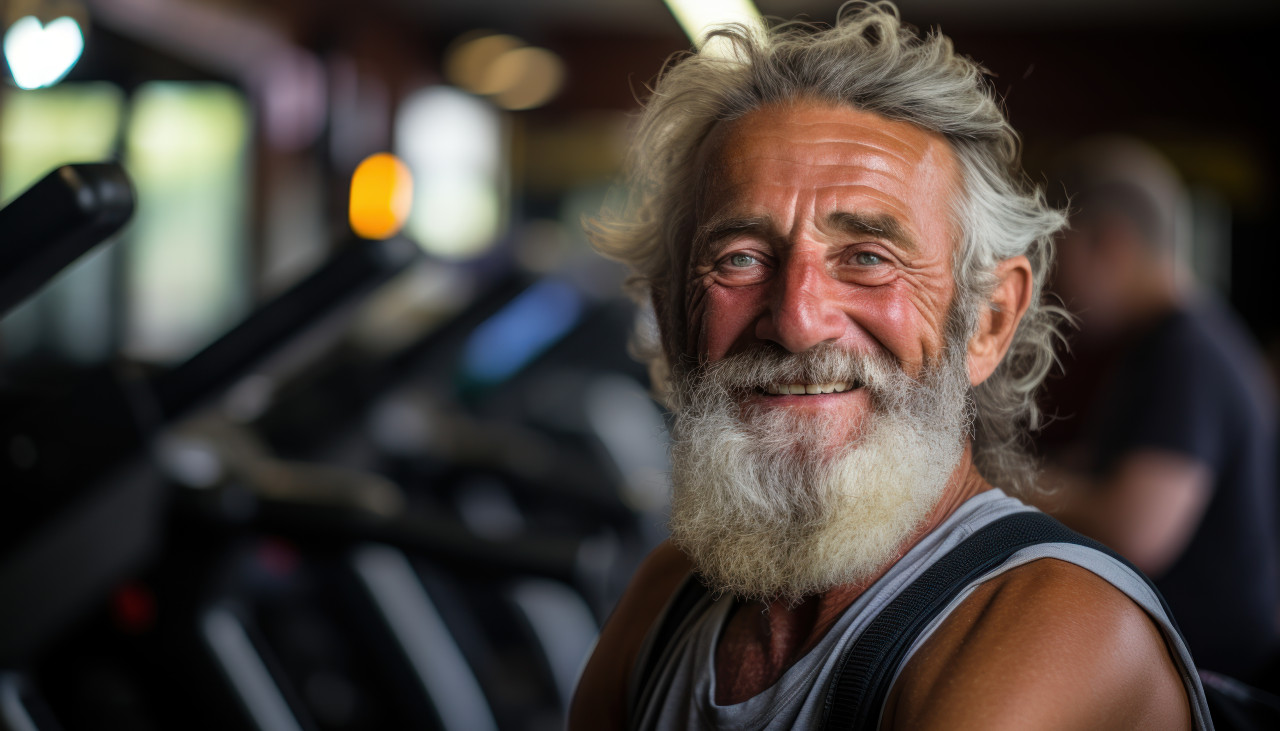 Senior gentleman at the gym for fitness, active seniors lifestyle images