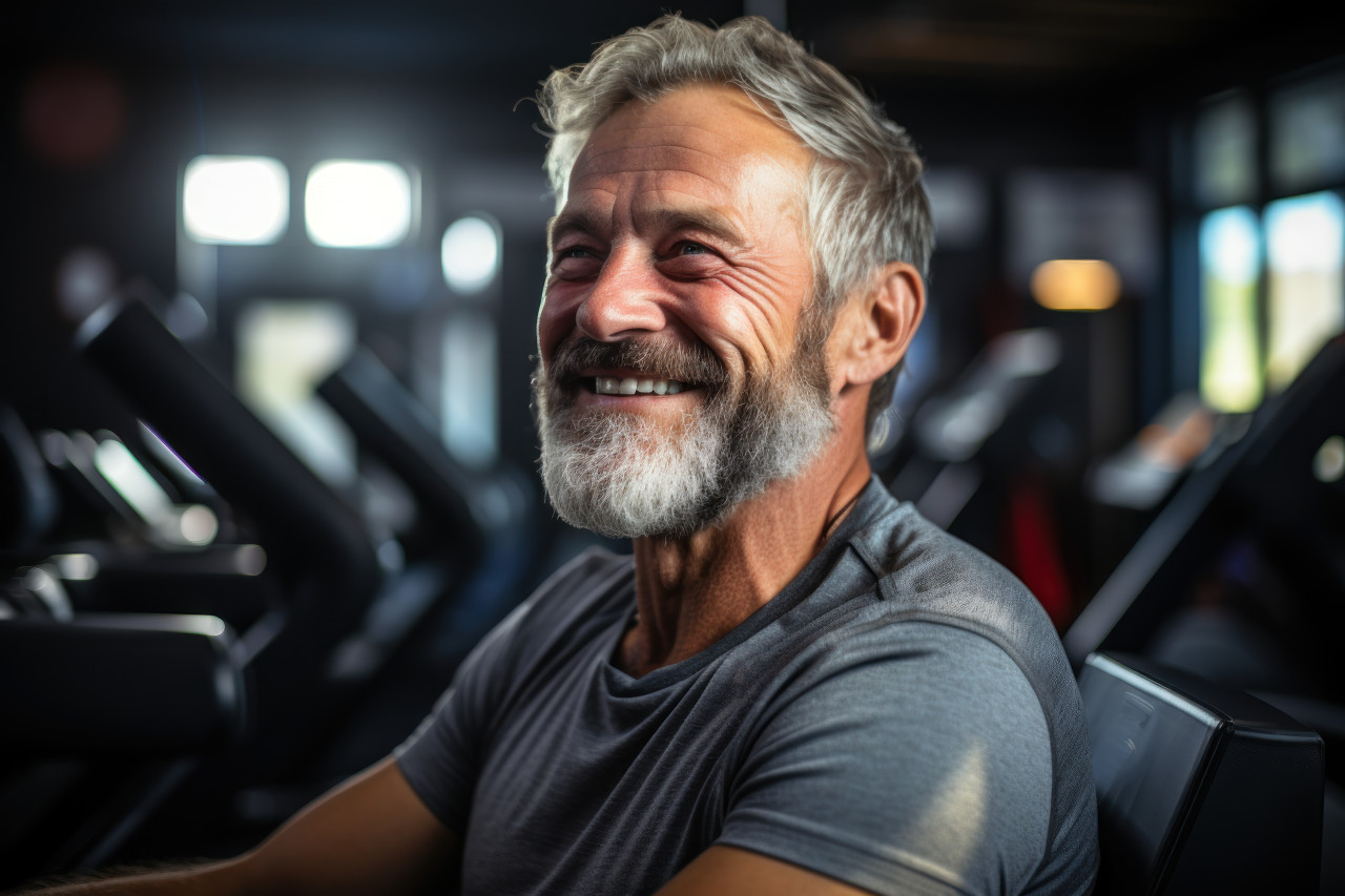 Smiling senior embracing exercise equipment, active seniors lifestyle images