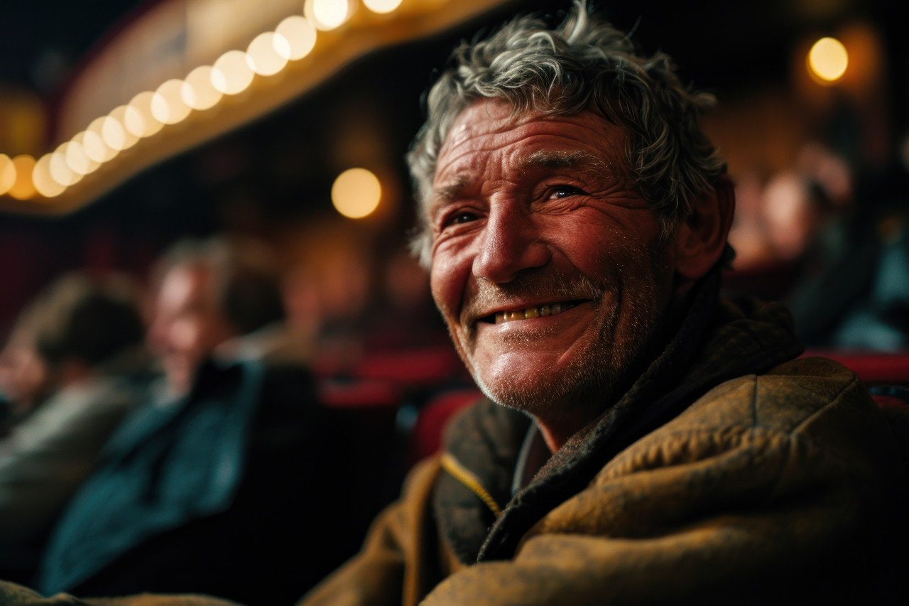 A joyful man with a bright smile seated in the theater, active seniors lifestyle images