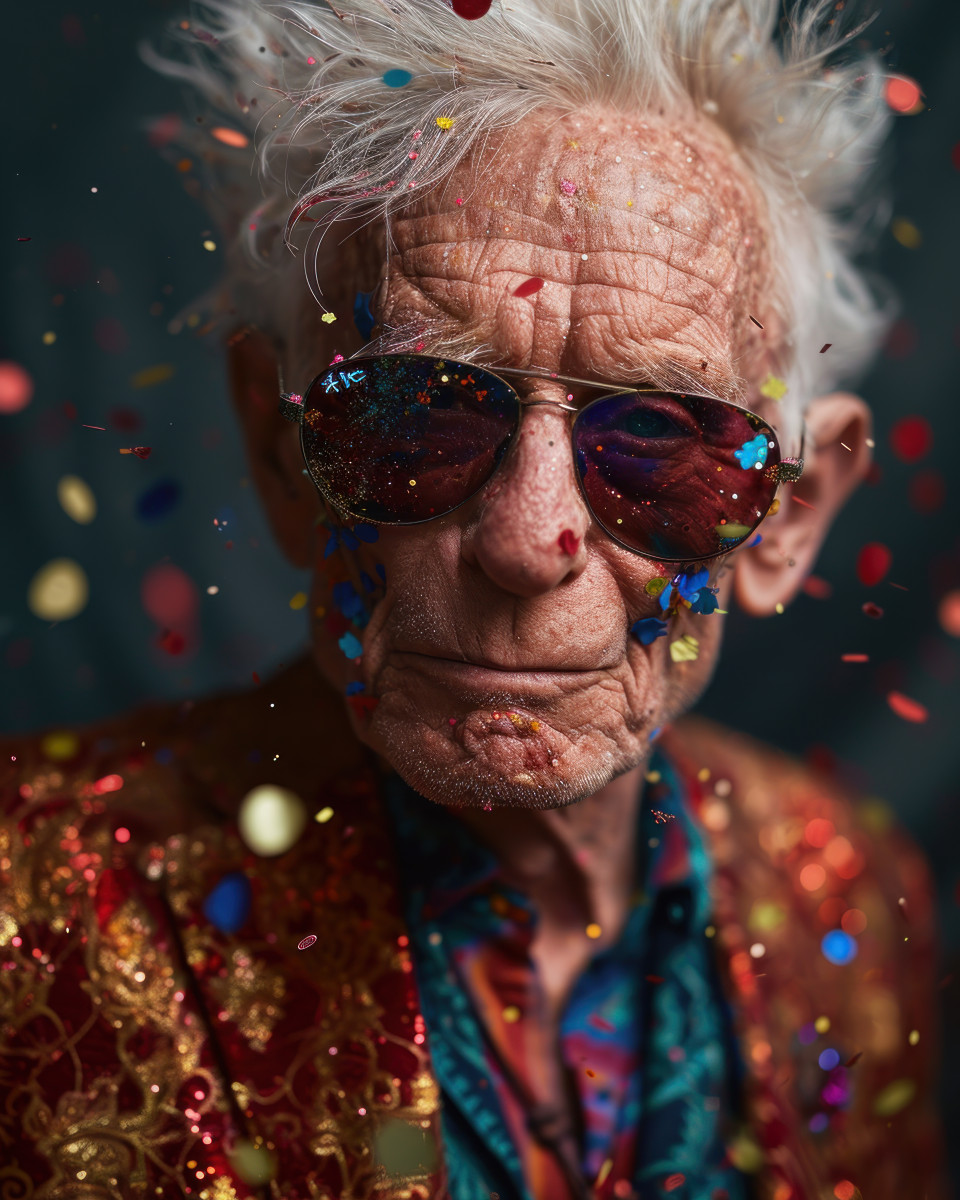 Happy grandpa wearing sunglasses in confetti, happy active seniors images