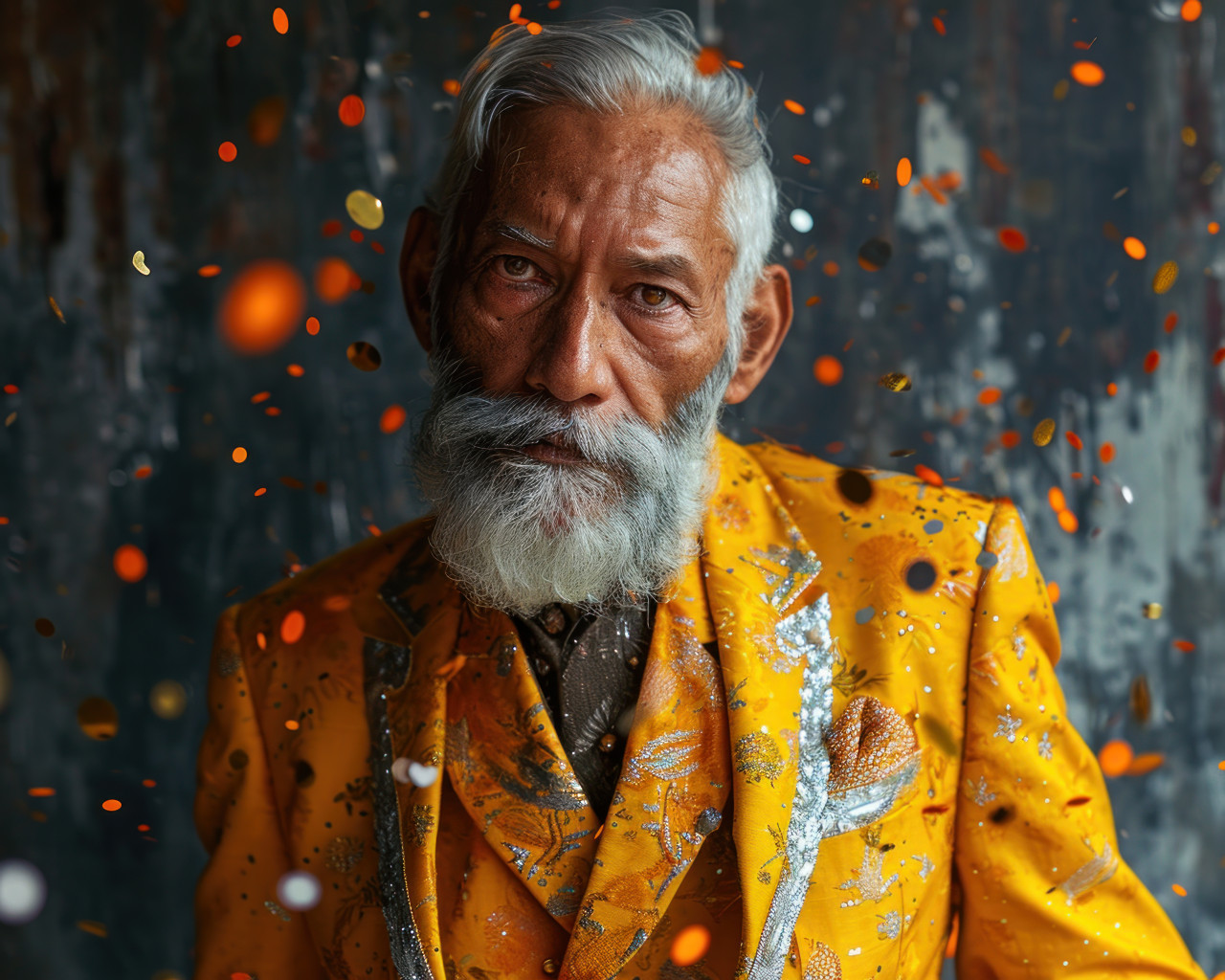 Joyful senior gentleman celebrates in a yellow suit with confetti, images of senior citizens