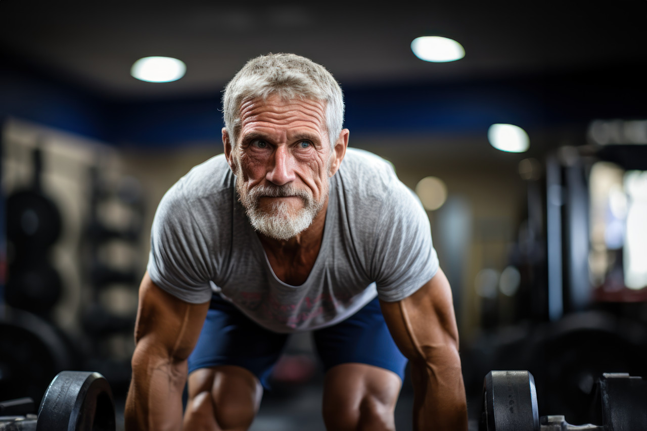 Elderly gentleman performing weightlifting exercises, active seniors lifestyle images