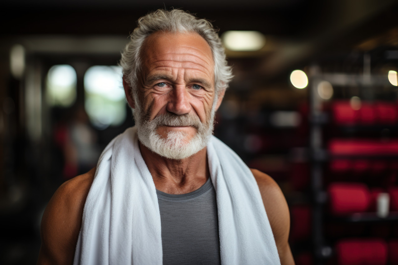 Senior man in gym attire with towel, diverse active seniors pictures