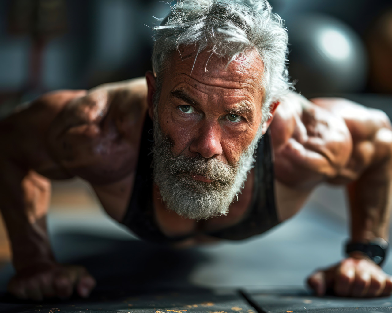 Active senior doing push ups at the gym, images of senior citizens