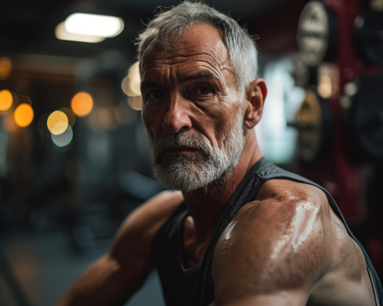 A healthy senior man in gym, active seniors lifestyle images