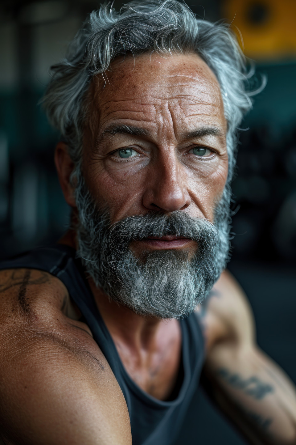 Gym time for a grandpa with a beard, active seniors lifestyle images