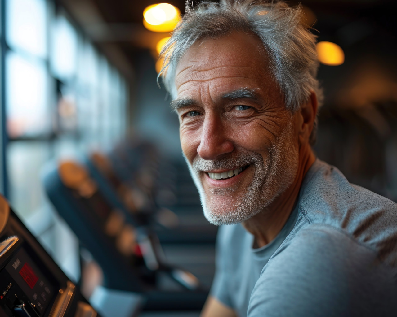 Happy elderly gentleman enjoying treadmill exercise, images of senior citizens