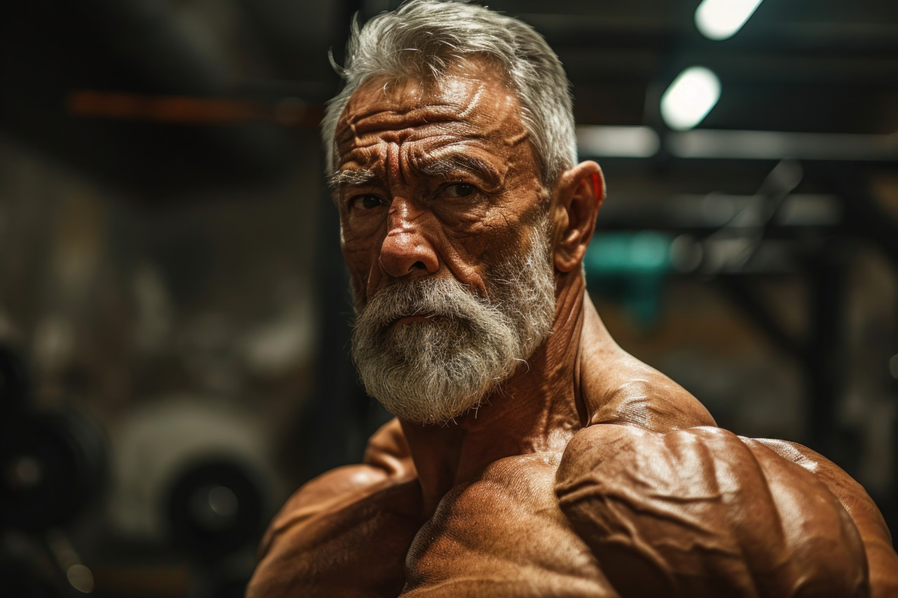 Elderly muscle man at gym, active seniors lifestyle images