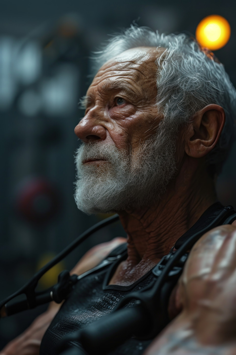 Active grandpa exercising in a fitness center, diverse active seniors pictures