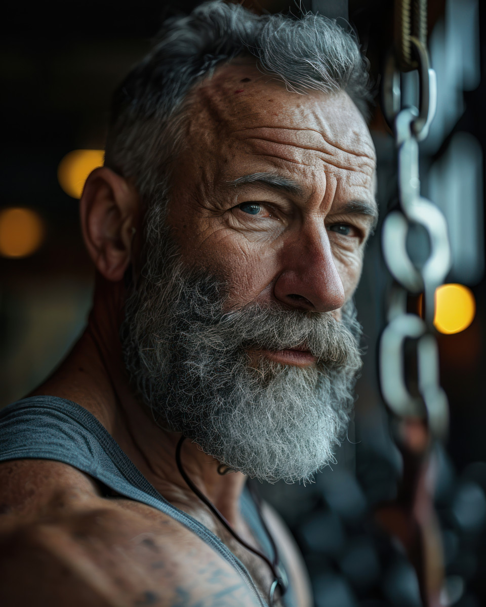 Bearded senior man gym, happy active seniors images
