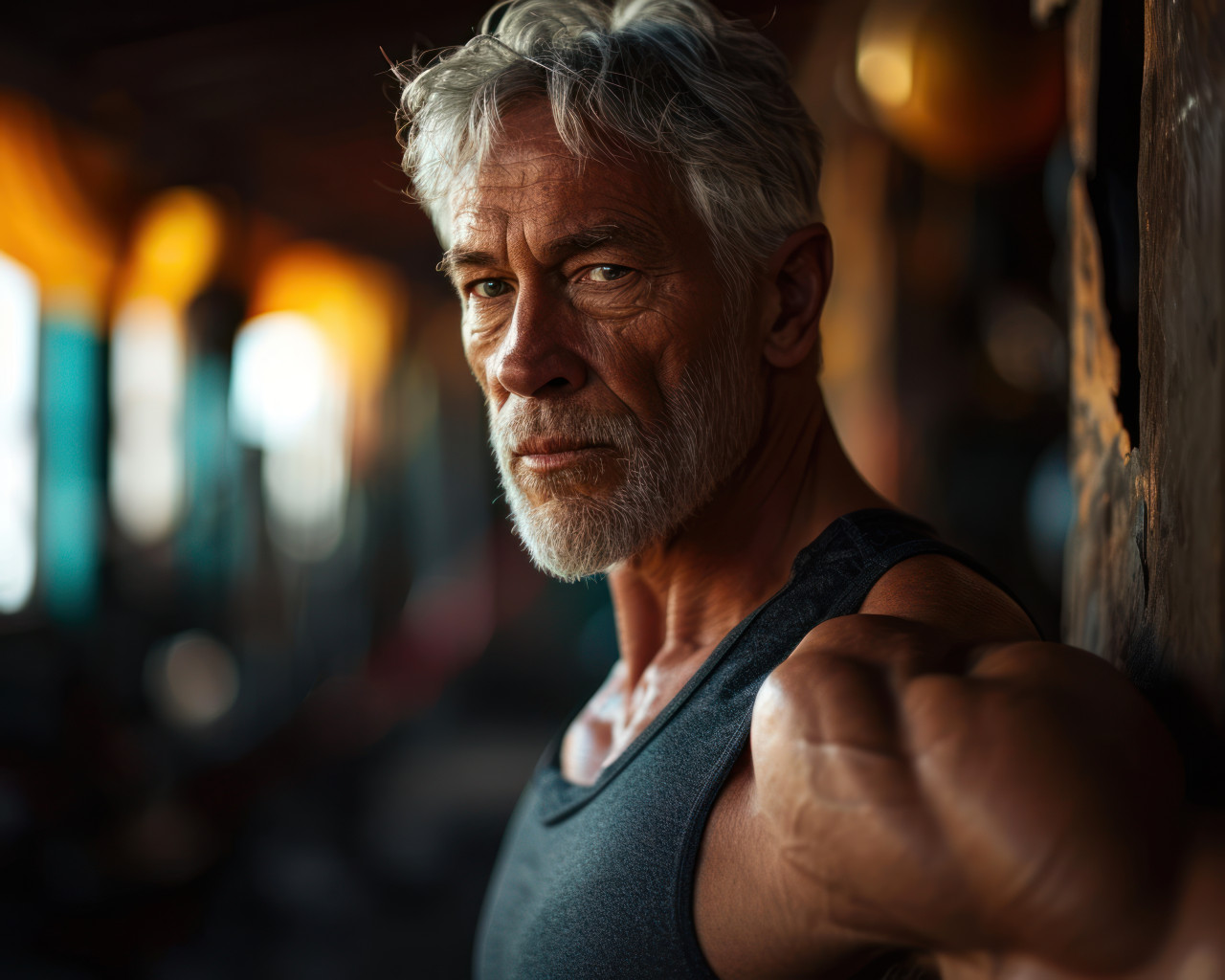 Fit grandpa posing confidently in a gym, diverse active seniors pictures
