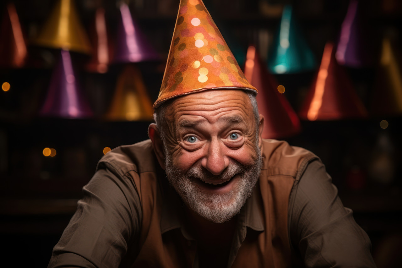 Elderly man donning fun party hat, active seniors lifestyle images