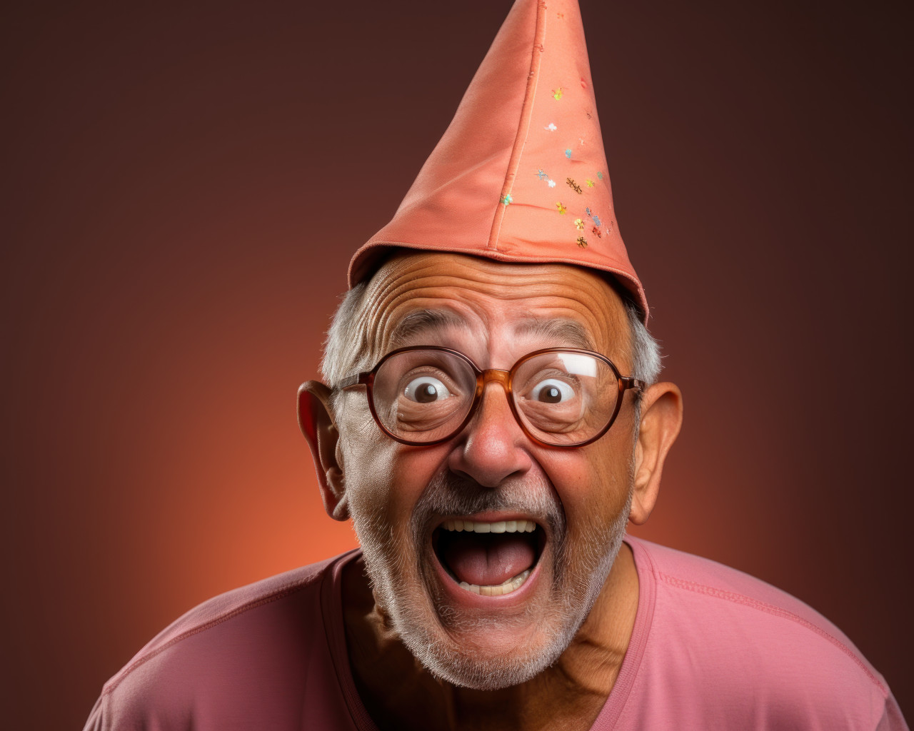 Older gentleman with glasses and fun party hat, diverse active seniors pictures