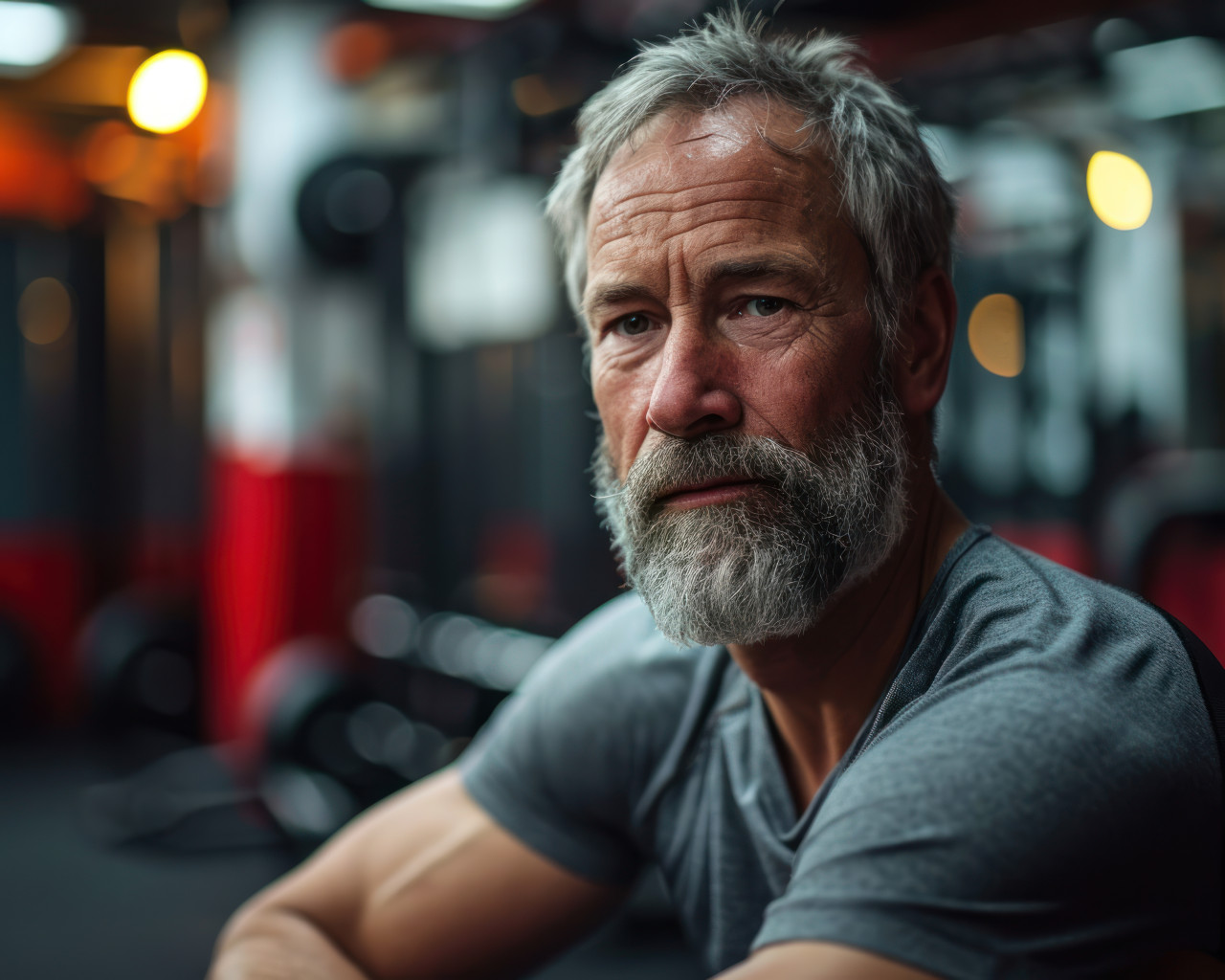 An active grandpa with a beard staying healthy at the gym, happy active seniors images