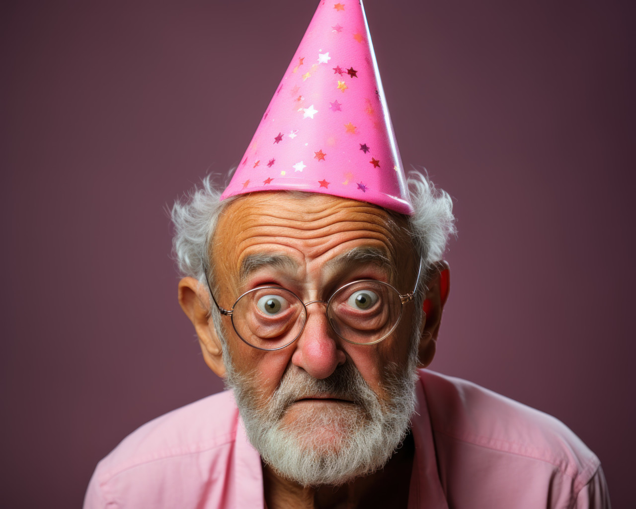 Aged man in party hat against pink background, images of senior citizens