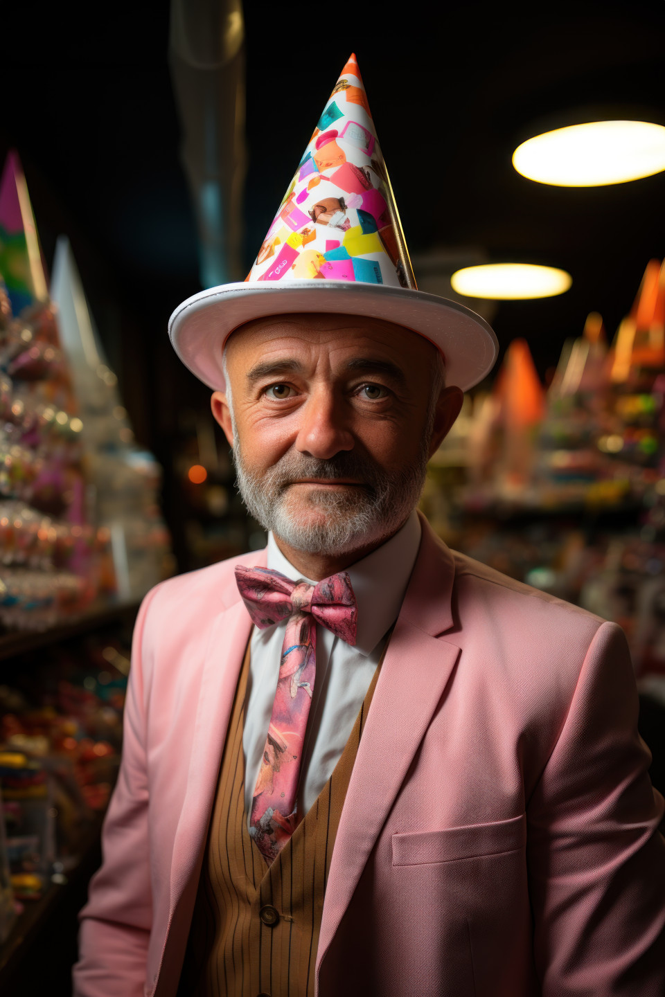 Business professional in party hat, diverse active seniors pictures