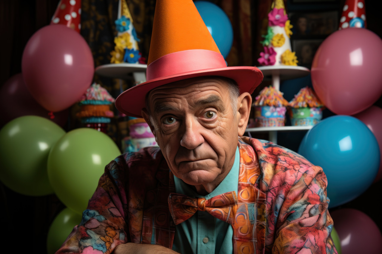 Older man wearing birthday hat in celebration, active seniors lifestyle images