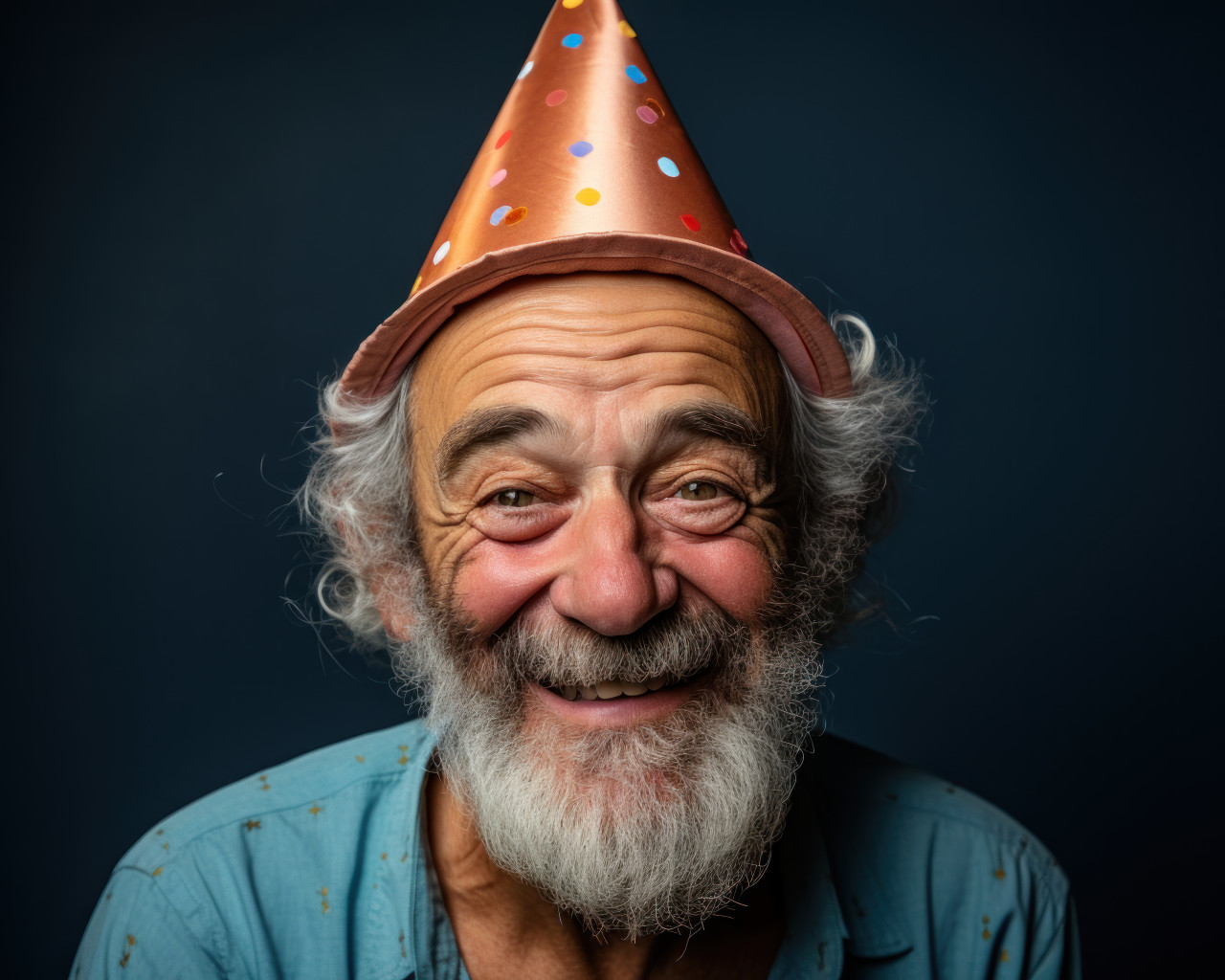 Celebrating with hat on vibrant blue backdrop, happy active seniors images