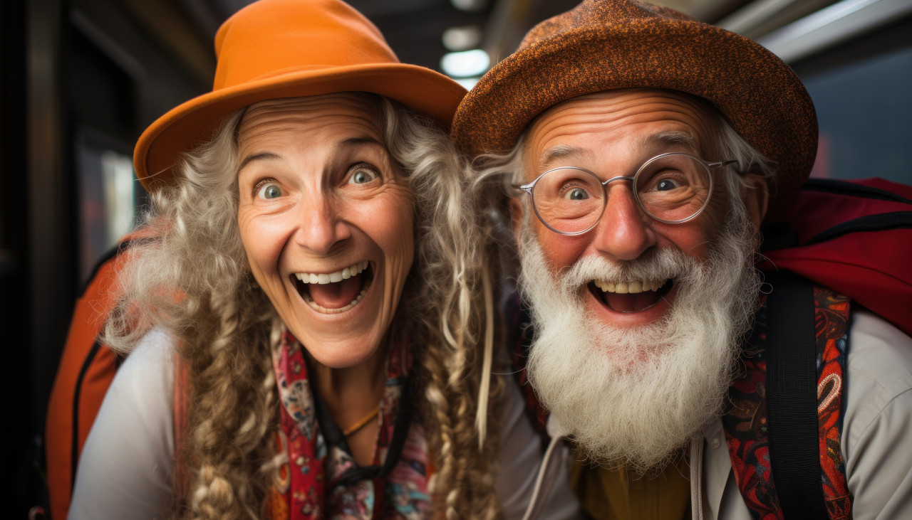 Hat and backpack embraced by elderly couple, diverse active seniors pictures
