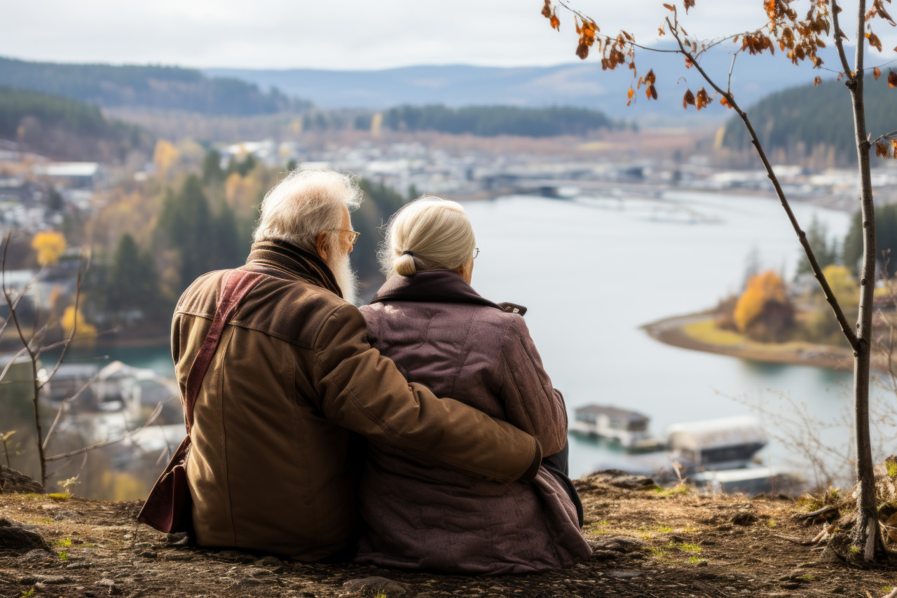 Elderly couple embracing riverside, images of senior citizens