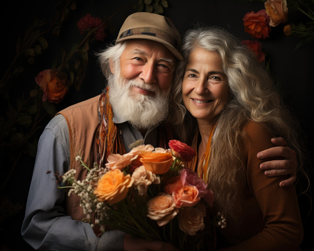 Older couple embracing with flower, active seniors lifestyle images