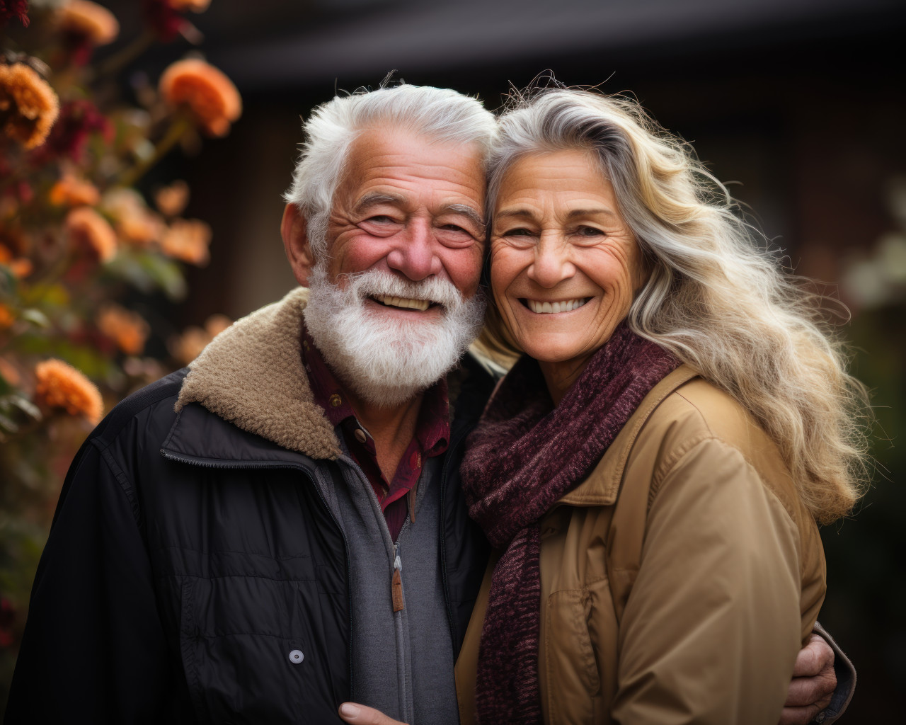 Senior couple embracing the outdoors with smile, active seniors lifestyle images