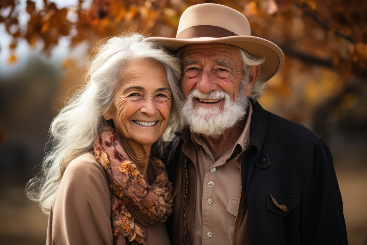 Smiling elderly couple enjoying autumn, happy active seniors images