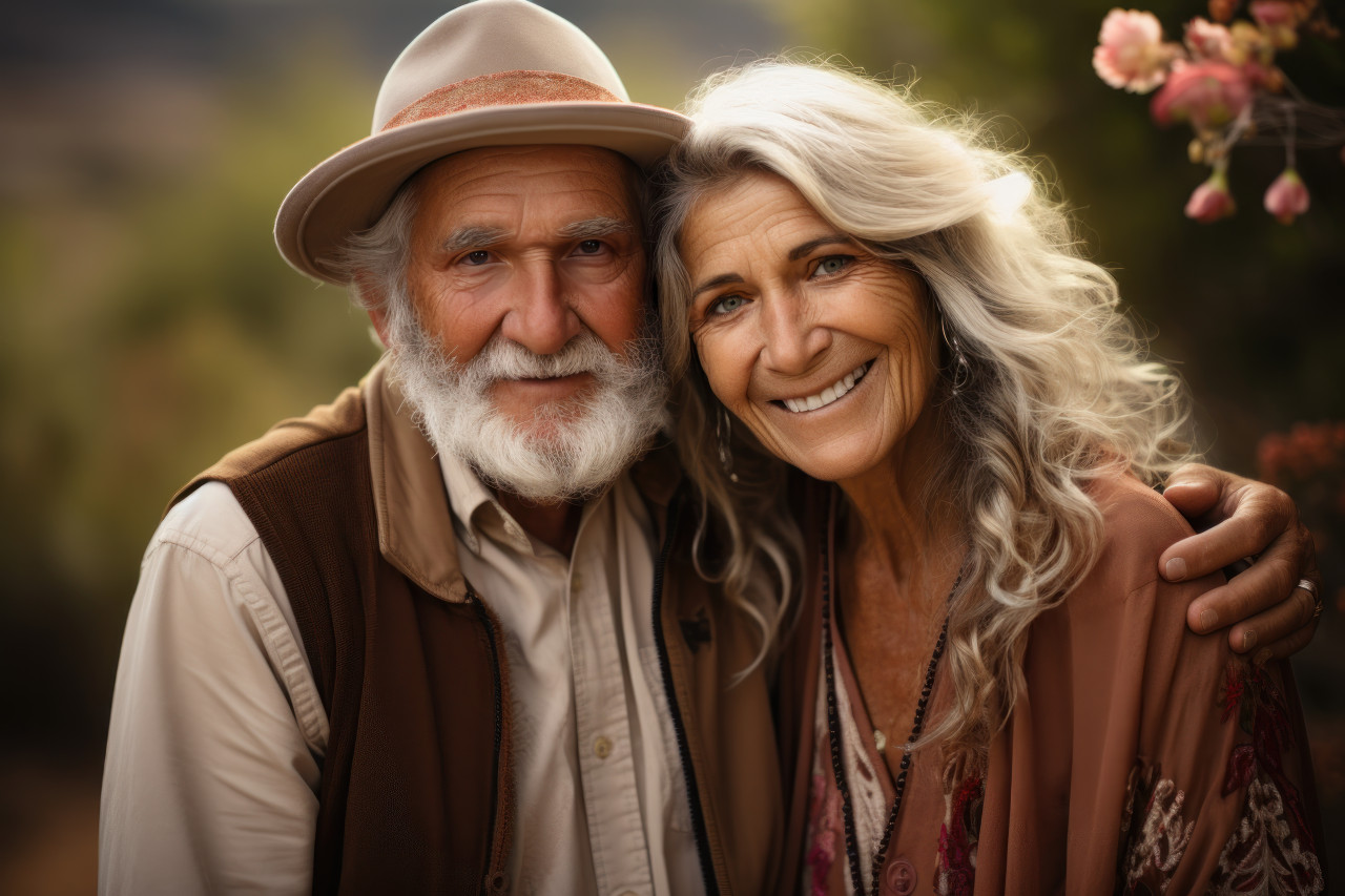 Happy elderly duo delighting in nature, active seniors lifestyle images