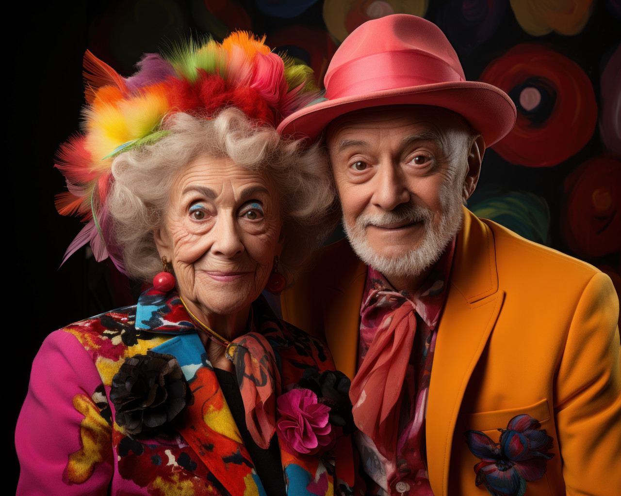 Old couple embracing vibrant clothing, happy active seniors images