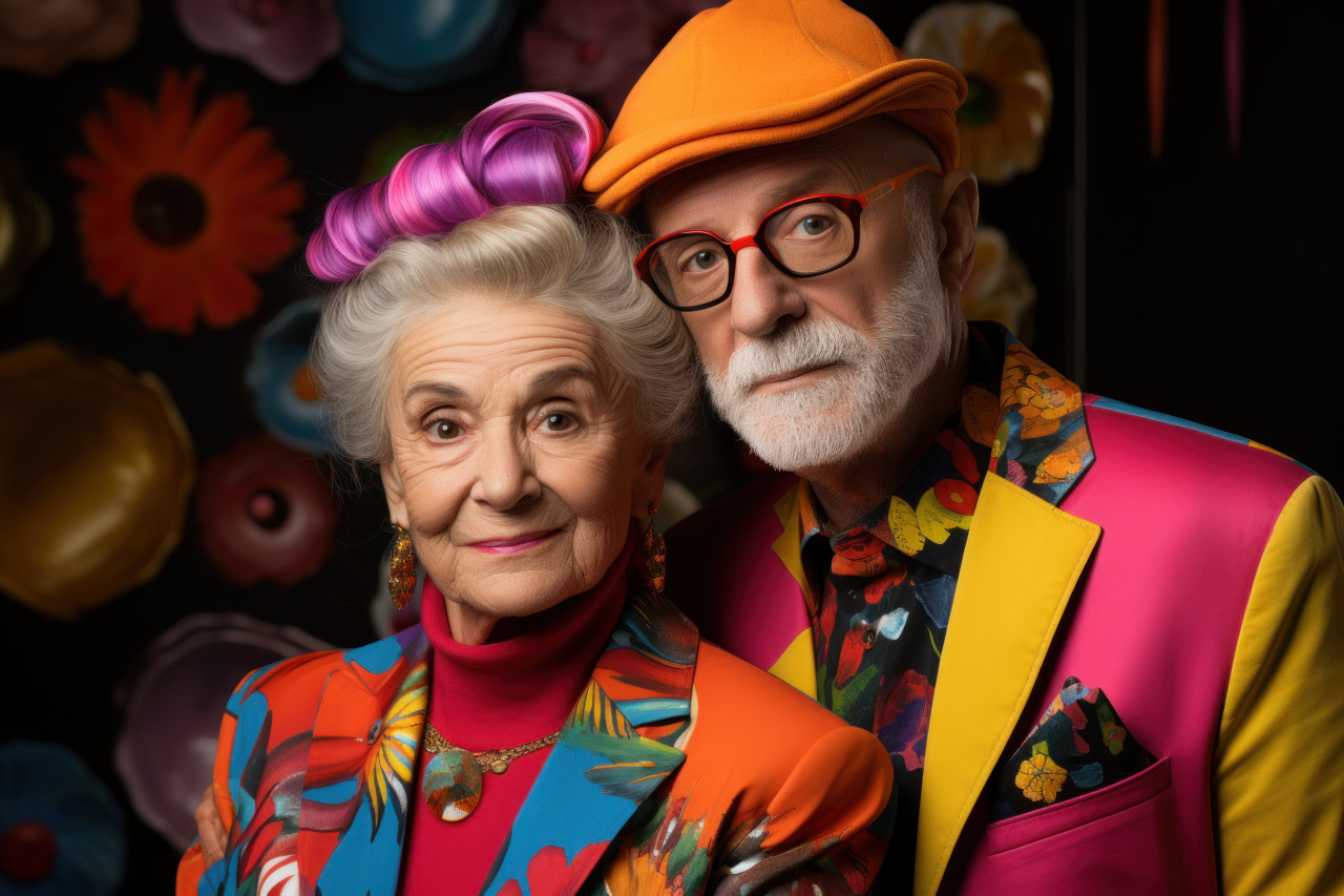 Elderly couple embracing bright hues, diverse active seniors pictures