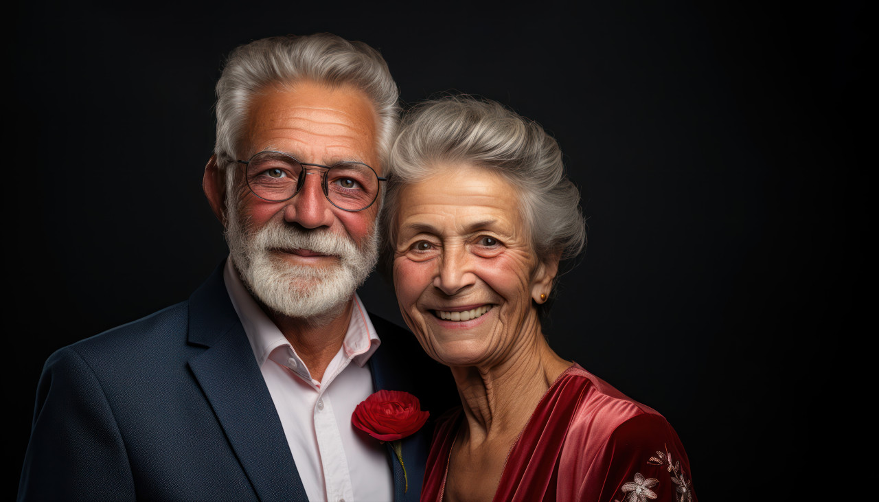 Elderly couple posing happily on black background, happy active seniors images