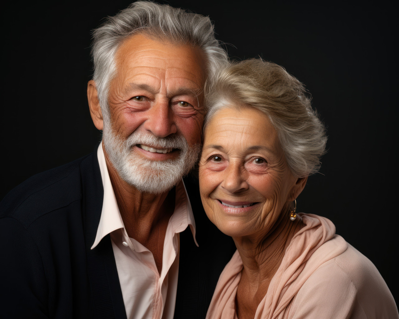 Aged couple captured in black studio, diverse active seniors pictures