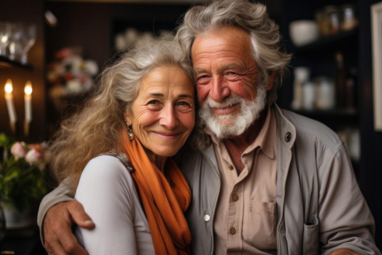 Old couple sharing a heartfelt hug, active seniors lifestyle images