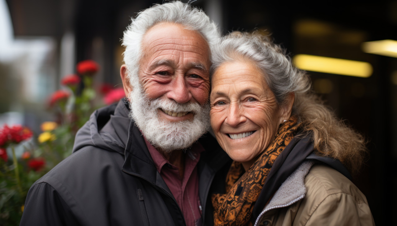 Couple sharing a warm embrace, images of senior citizens