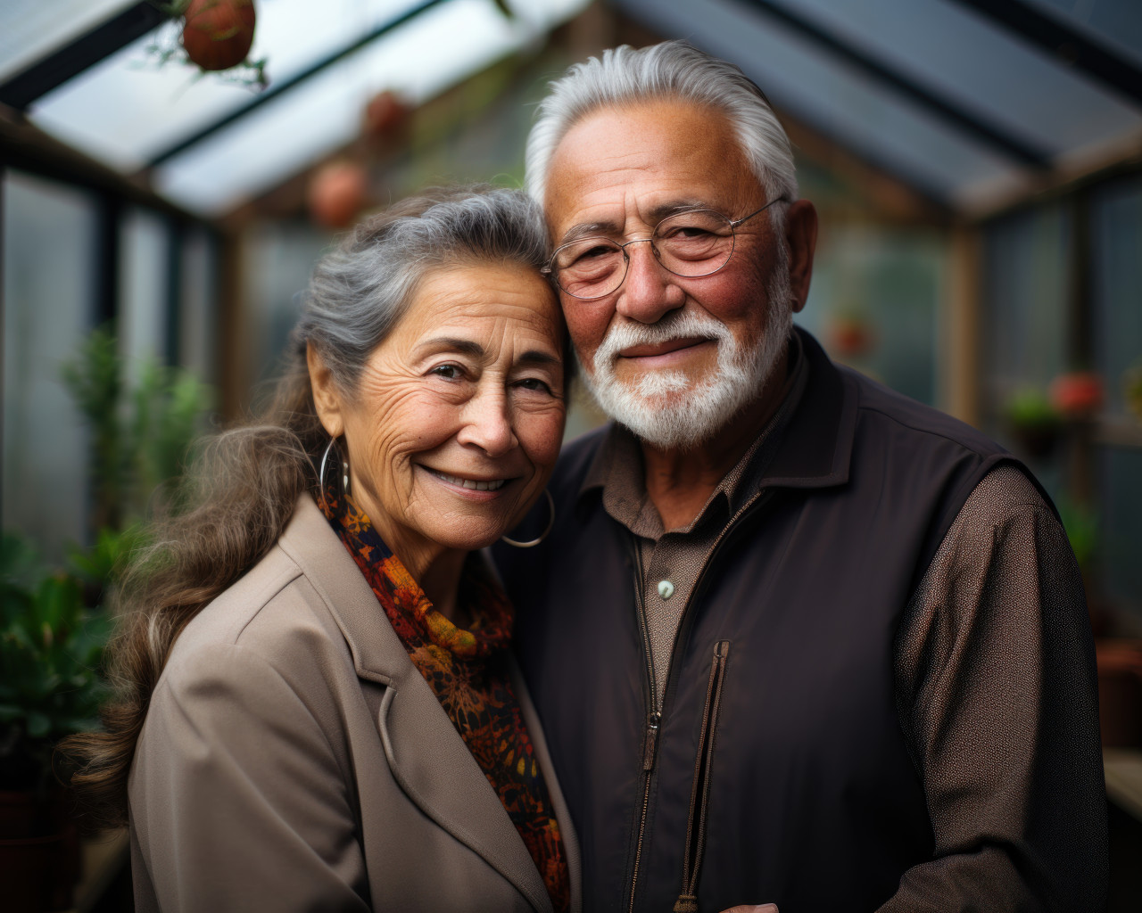 Elderly pair amidst greenhouse, happy active seniors images