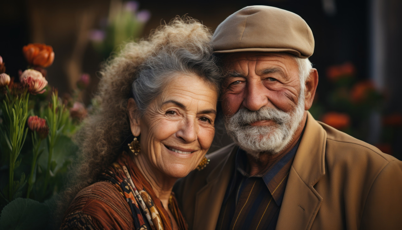 Elderly pair surrounded by vibrant plant, diverse active seniors pictures