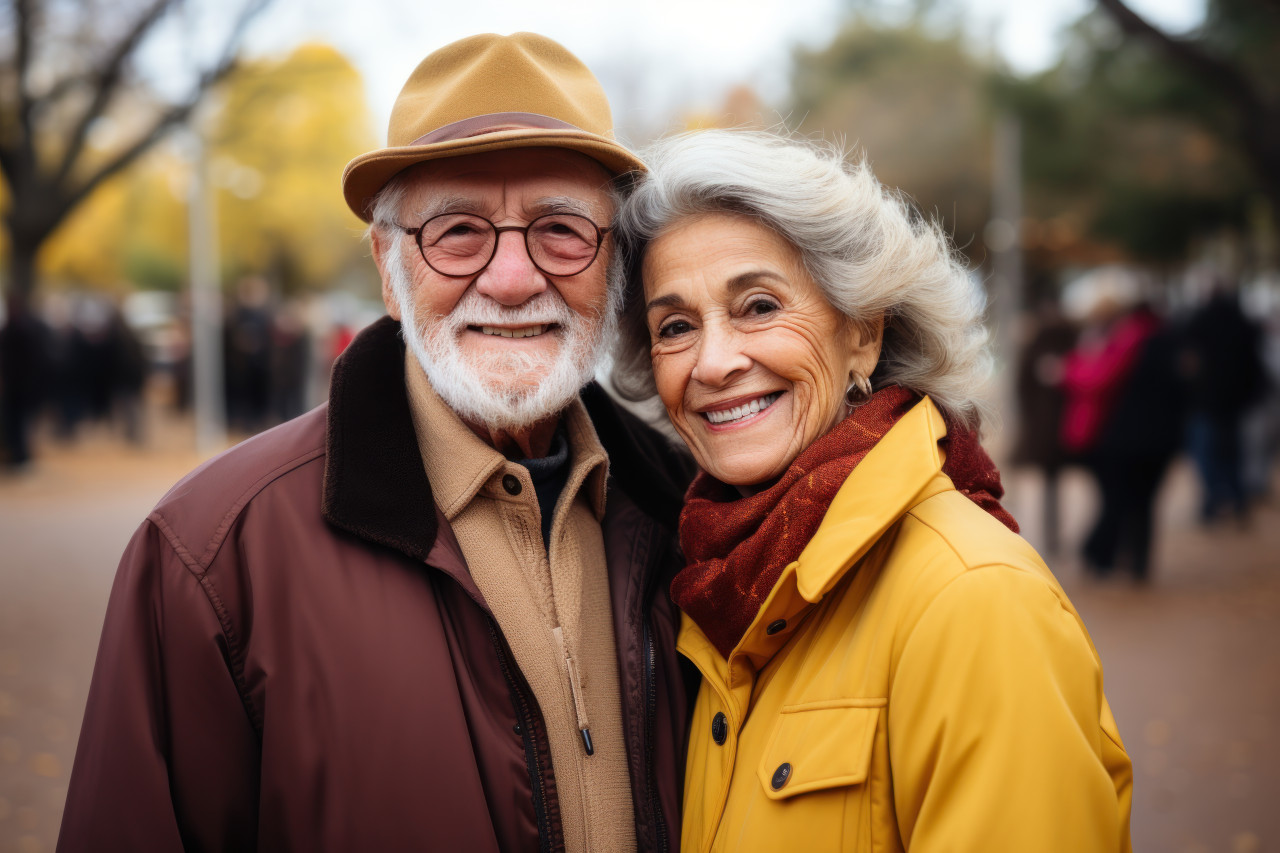 Aged couple sharing smiles, happy active seniors images
